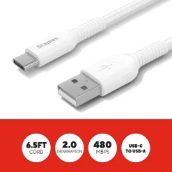 Staples TECH USB-C to USB-A Charging Cable, 6.5 ft., White (ST62338)