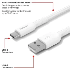 Staples TECH USB-C to USB-A Charging Cable, 9.8 ft., White (ST62339)