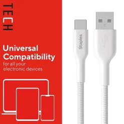 Staples TECH USB-C to USB-A Charging Cable, 9.8 ft., White (ST62339)