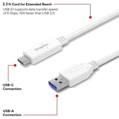 Staples TECH USB-C to USB-A Charging Cable, 3.3 ft., White (ST62316)