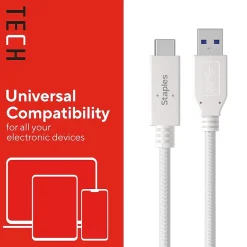 Staples TECH USB-C to USB-A Charging Cable, 3.3 ft., White (ST62316)