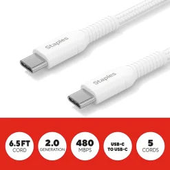 Staples TECH USB-C to USB-C Charging Cable, 6.5 ft., White, 5/Pack (ST62315)