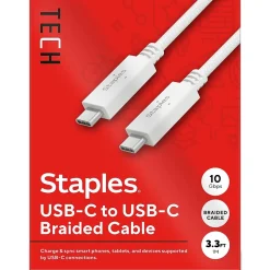Staples TECH USB-C to USB-C Charging Cable, 3.3 ft., White (ST62317)