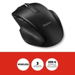 Staples TECH Wireless Ergonomic Curved Optical USB Mouse, Black (ST62599)