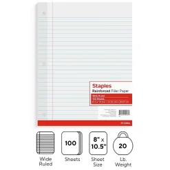Staples Wide Ruled Filler Paper, 8" x 10.5", White, 100 Sheets/Pack (TR23904)