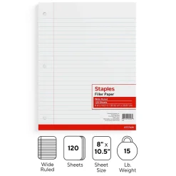 Staples® Wide Ruled Filler Paper, 8" x 10.5", White, 120 Sheets/Pack (ST37426D)