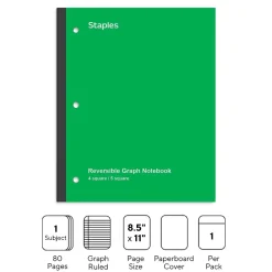 Staples Wireless 1-Subject Notebook, 8.5" x 11", Graph Ruled, 80 Sheets, Green (ST58384C)