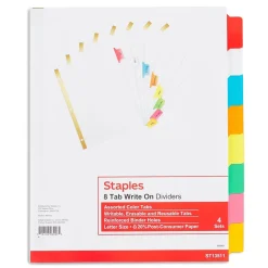 Staples Write-On Dividers, 8-Tab, Assorted Color s, 4/Pack (13511/23179)