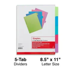 Staples Write-On Dividers, 5-Tab, Assorted Colors (13512/23180)