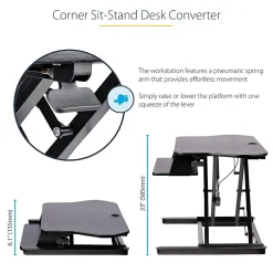 StarTech Adjustable Large Surface Corner Sit Stand Desk Converter for Dual Monitors, Keyboard Tray, 35