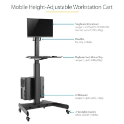 StarTech.com Adjustable Mobile Workstation Cart with Monitor Mount, 50.4" to 63", Black (WKSTNCART)