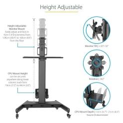 StarTech.com Adjustable Mobile Workstation Cart with Monitor Mount, 50.4