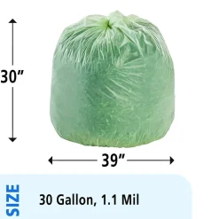 Stout EcoSafe-6400 30 Gallon Compostable Industrial Trash Bag, 30" x 39", Low Density, 1.1 mil, Green, 48 Bags/Box, 4 Rolls
