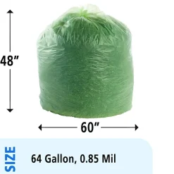 Stout EcoSafe-6400 64 Gallon Compostable Industrial Trash Bag, 48" x 60", Low Density, 0.85 mil, Green, 30 Bags/Box
