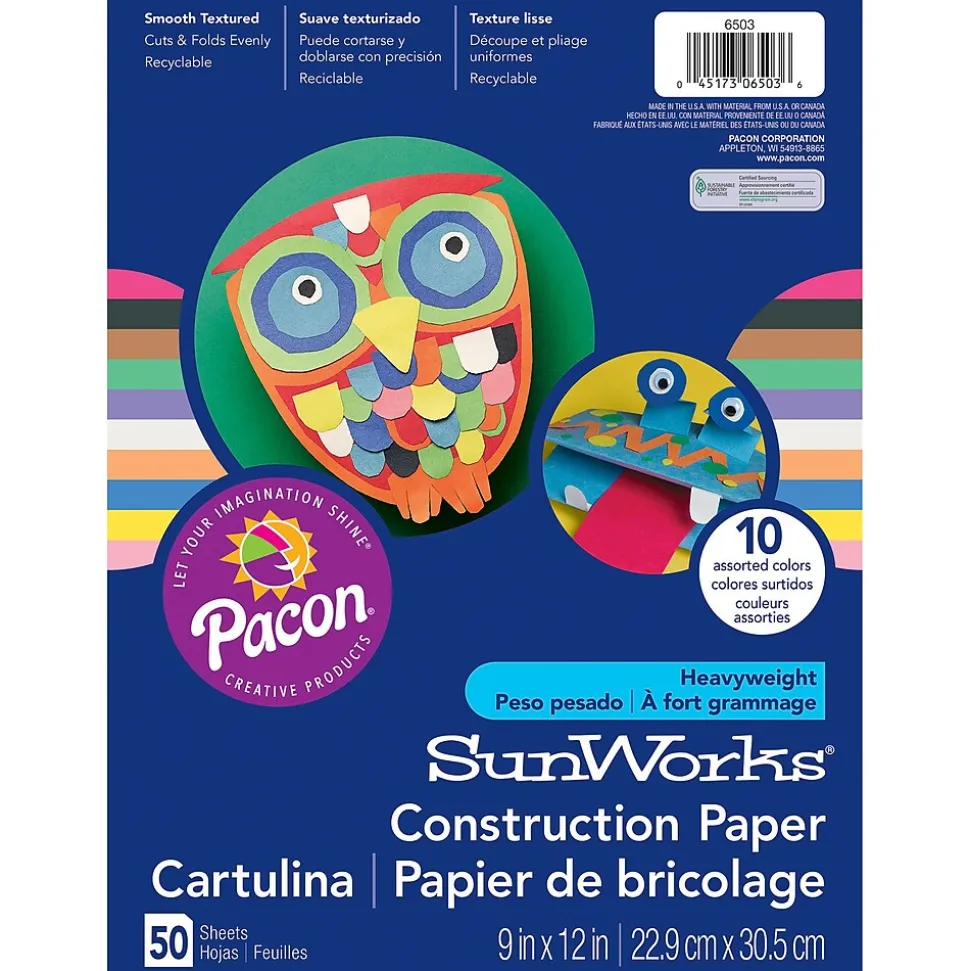SunWorks 9" x 12" Construction Paper, Assorted Colors, 50 Sheets/Pack (PAC6503)