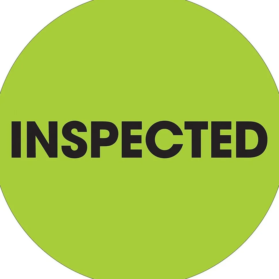 Tape Logic 2" Circle "Inspected" Label, Fluorescent Green, 500/Roll