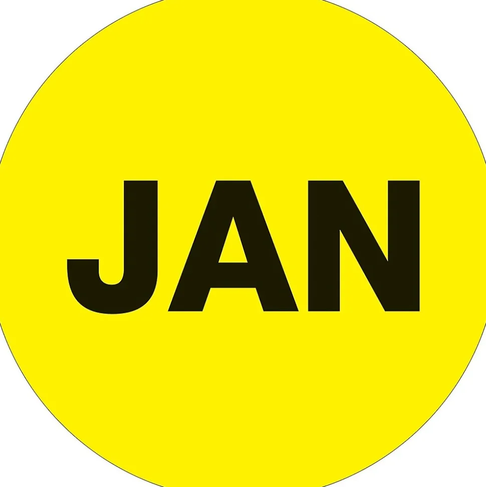 Tape Logic 1" Circle "JAN" Month of the Year Labels, Fluorescent Yellow, 500/Roll