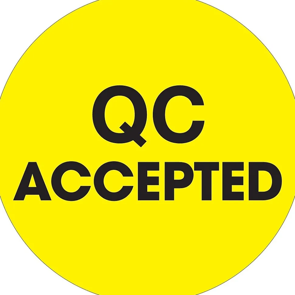 Tape Logic 2" Circle "QC Accepted" Label, Fluorescent Yellow, 500/Roll