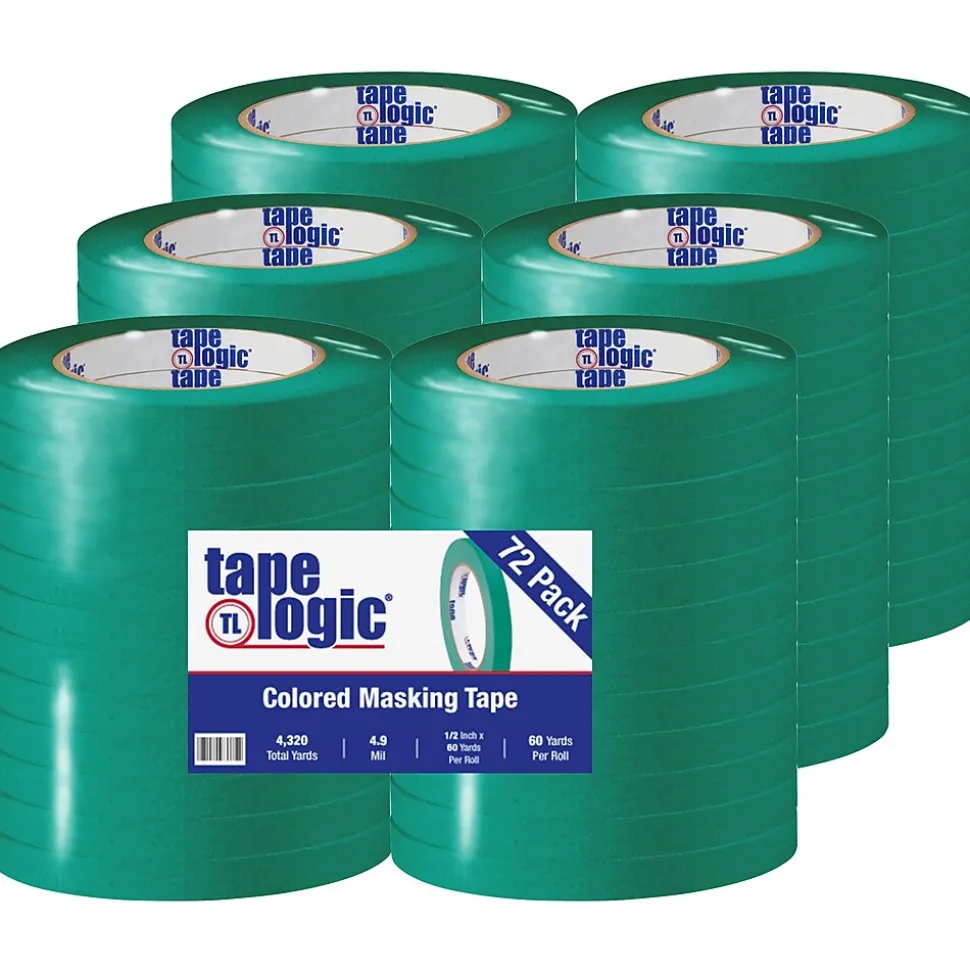 Tape Logic® Colored Masking Tape, 4.9 Mil, 1/2" x 60 yds., Dark Green, 72/Case (T933003E)