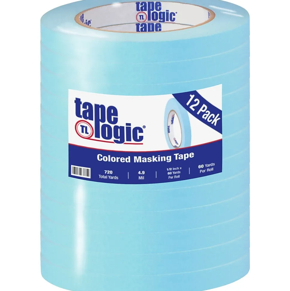 Tape Logic® Colored Masking Tape, 4.9 Mil, 1/2" x 60 yds., Light Blue, 12/Case (T93300312PKH)