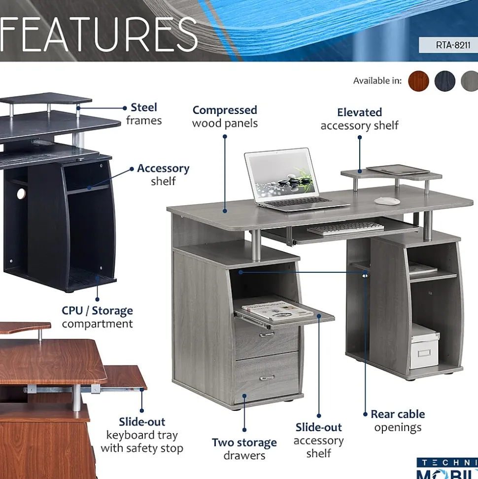 Techni Mobili Complete Computer Workstation Desk With Storage, Gray (RTA-8211-GRY)