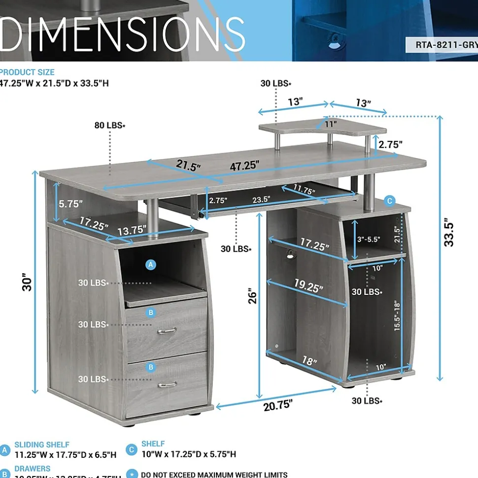 Techni Mobili Complete Computer Workstation Desk With Storage, Gray (RTA-8211-GRY)