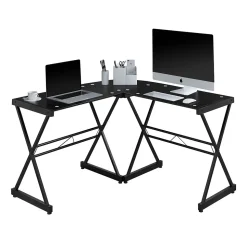 Techni Mobili L-Shaped Glass Top Computer Corner Desk, Black (RTA-3805L-BK)