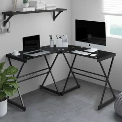 Techni Mobili L-Shaped Glass Top Computer Corner Desk, Black (RTA-3805L-BK)