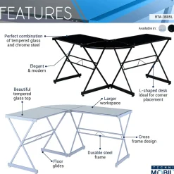 Techni Mobili L-Shaped Glass Top Computer Corner Desk, Black (RTA-3805L-BK)