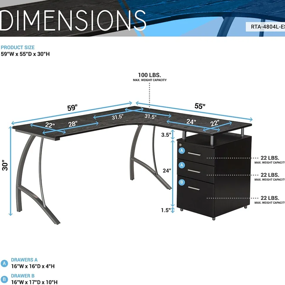 Techni Mobili Modern L-Shaped Computer Desk with File Cabinet, Espresso (RTA-4804L-ES)