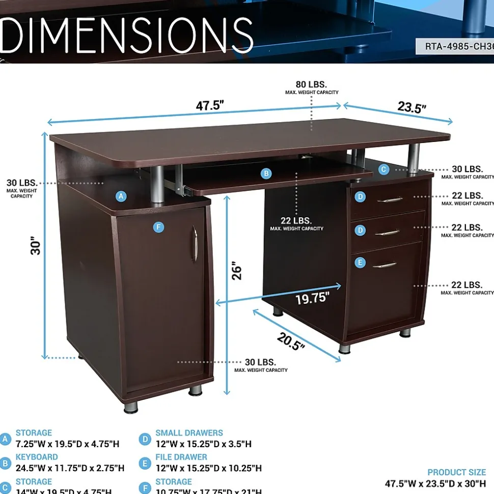 Techni Mobili 47"W Computer Desk, Chocolate (RTA-4985-CH36)