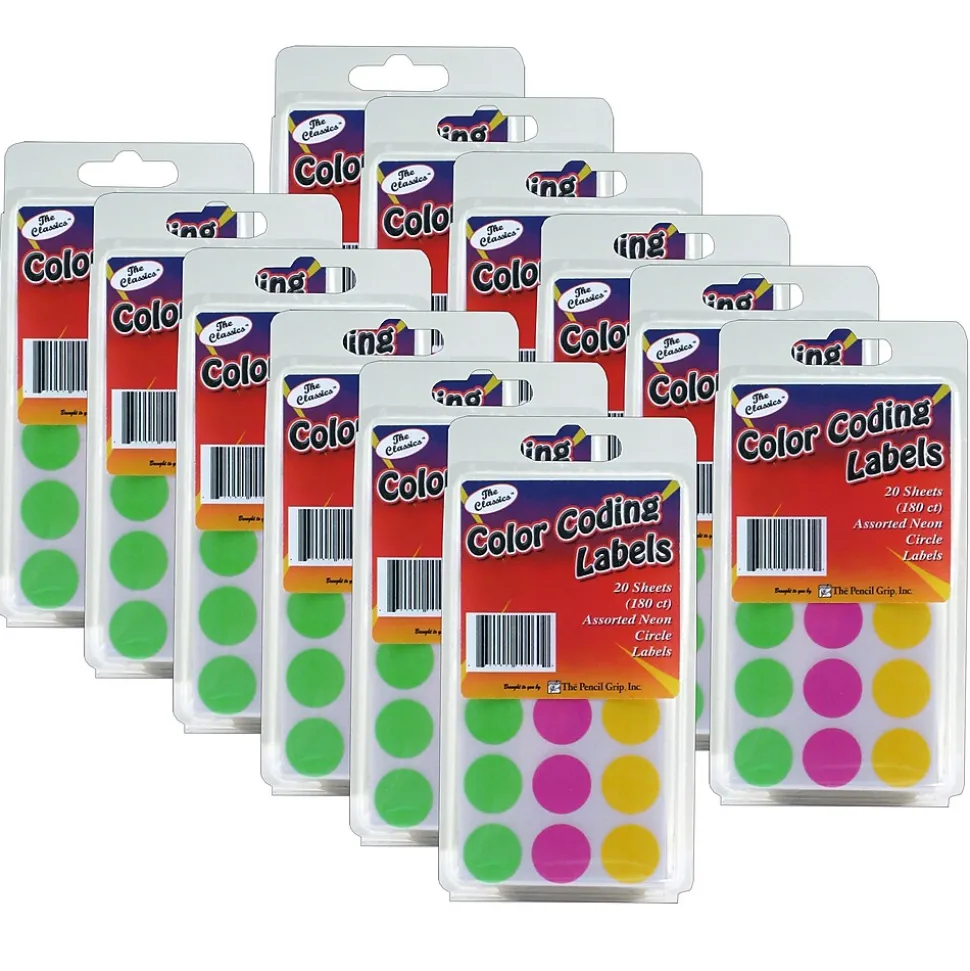 The Pencil Grip™ Color Coding Circle Labels, Neon, 180 Per Pack, 12 Packs (TPG460-12)