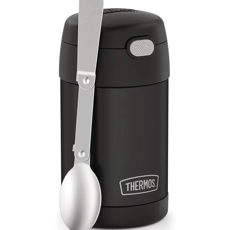 Thermos FUNtainer Stainless Steel Vacuum-Insulated Food Jar with Folding Spoon, 16-Oz., Black Matte (F31101BK6)