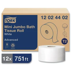 Tork Advanced Mini Jumbo Roll Bath Tissue, Septic Safe, 2-Ply, White, 3.48" x 751 ft, 12 Rolls/Carton (TRK12024402)
