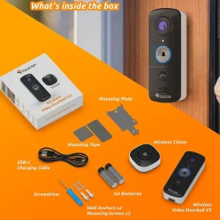 Toucan V3 Wireless Battery Operated Video Doorbell, Chime, Night Vision, Wi-Fi, IP56 Weather Resistant, Black