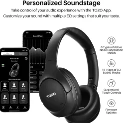 TOZO H10 Wireless Noise Cancelling Over-Ear Headphones, Bluetooth, Black (TOZOH10BLK)