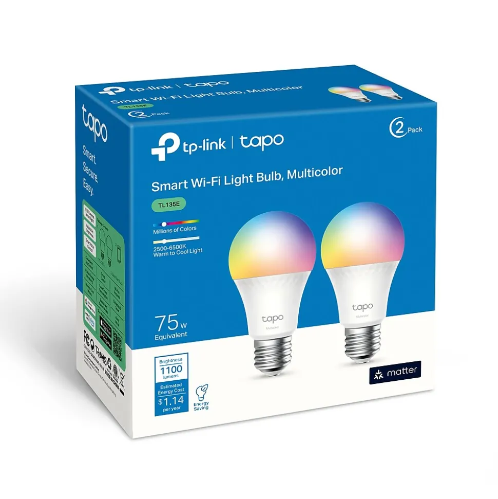 TP-Link Tapo Smart Wi-Fi Light Bulb, Multicolor, 2/Pack (TL135E)