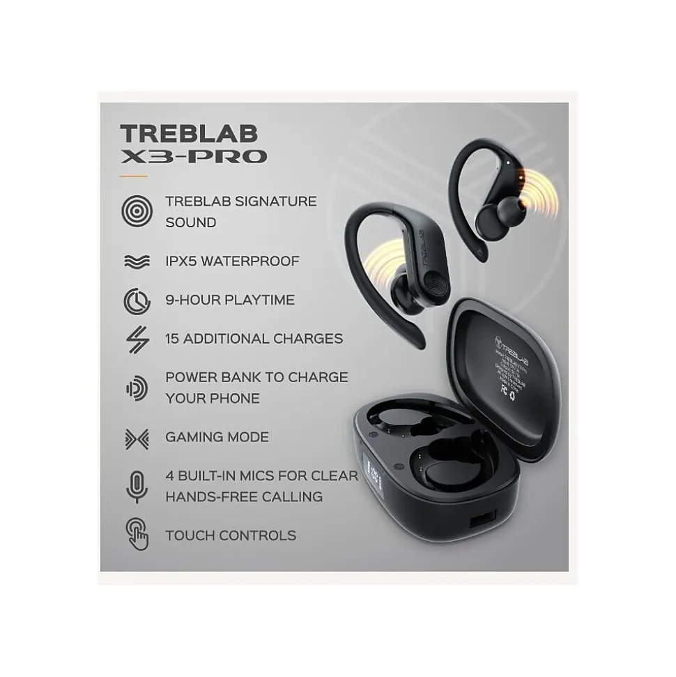 Treblab X3 Pro Wireless Noise Canceling Earbuds, Bluetooth, Black (X3-PRO-B)