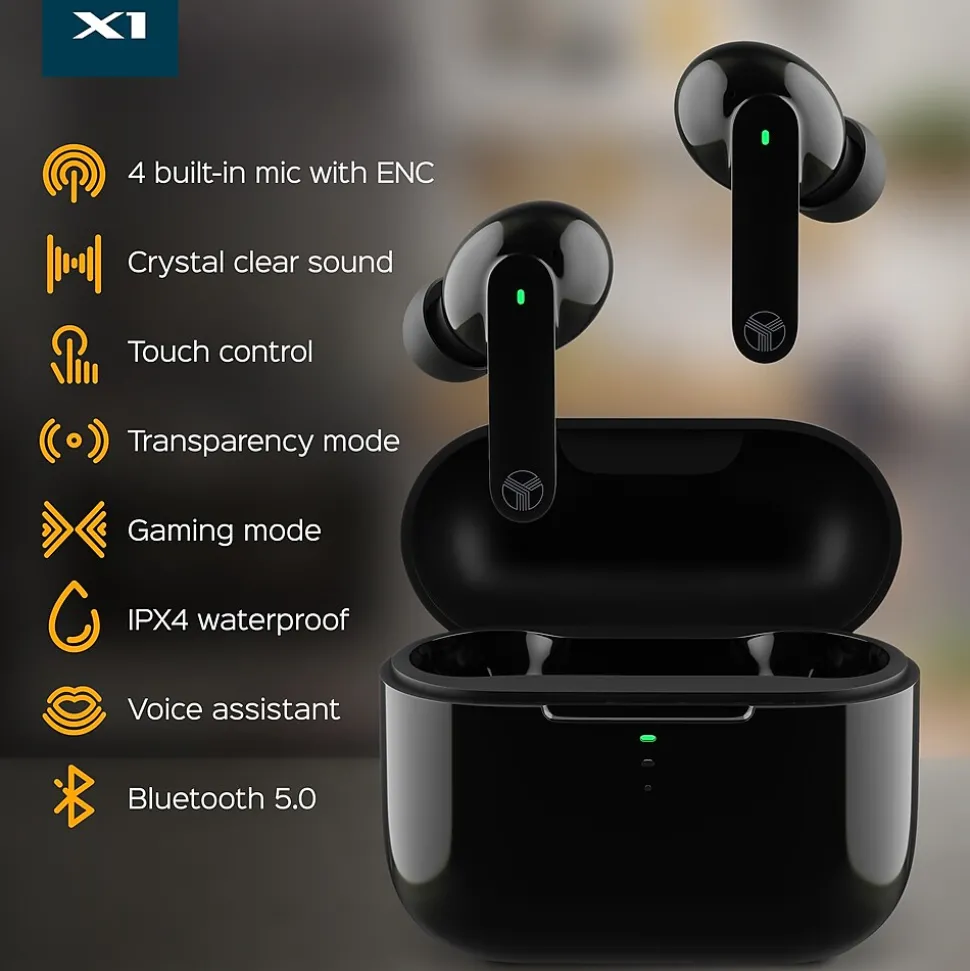 TREBLAB X1 True Wireless Earbuds, Waterproof IPX4, Bluetooth, Black