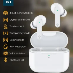 TREBLAB X1-W True Wireless Earbuds, IPX4 Waterproof, Bluetooth, White