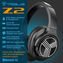 Treblab Z2-B Over Ear Workout Headphones with Microphone