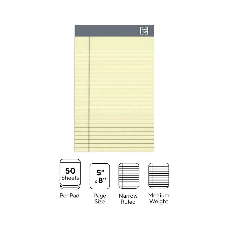 TRU RED™ Notepad, 5" x 8", Narrow Ruled, Canary, 50 Sheets/Pad, 6 Pads/Pack (TR57357)