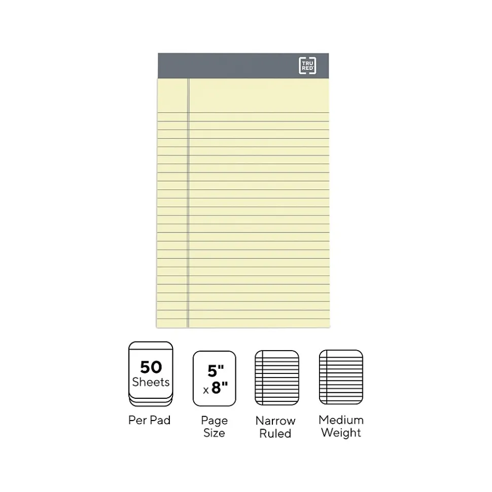 TRU RED™ Notepads, 5" x 8", Narrow Ruled, Canary, 50 Sheets/Pad, 12 Pads/Pack (TR57359)