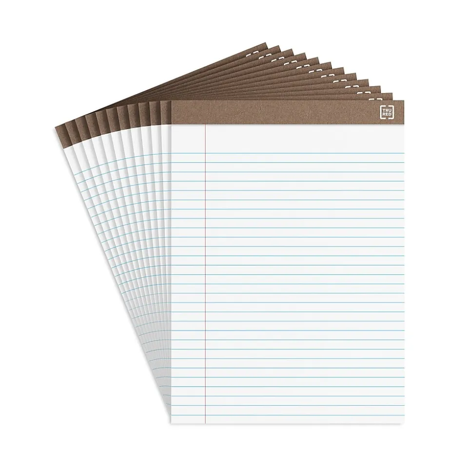 TRU RED™ Notepads, 8.5" x 11.75", Wide Ruled, White, 50 Sheets/Pad, Dozen Pads/Pack (TR58185)