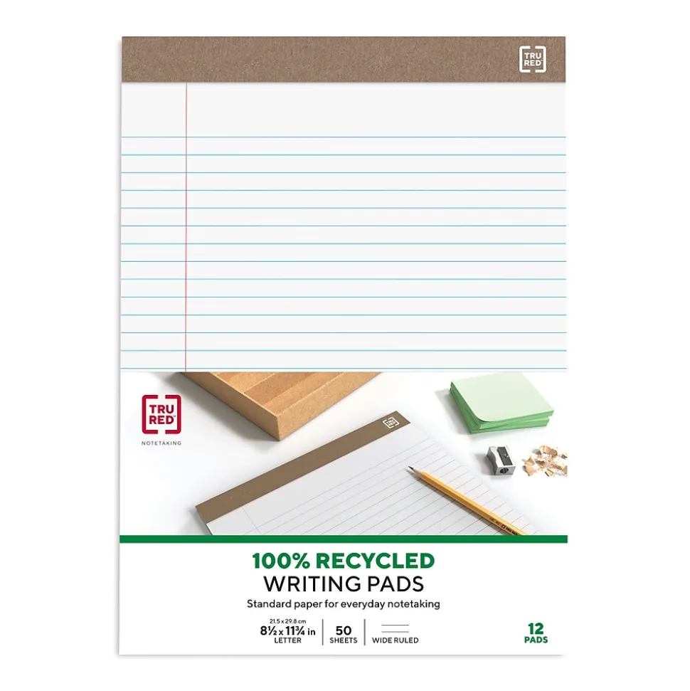 TRU RED™ Notepads, 8.5" x 11.75", Wide Ruled, White, 50 Sheets/Pad, Dozen Pads/Pack (TR58185)