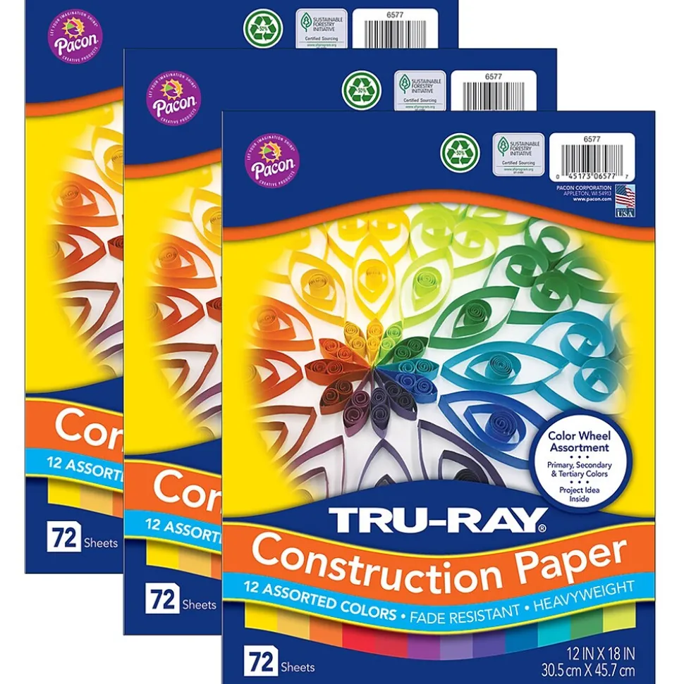 Tru-Ray Color Wheel Assortment 12" x 18" Construction Paper, Assorted, 72 Sheets/Pack, 3 Packs/Bundle (PAC6577-3)