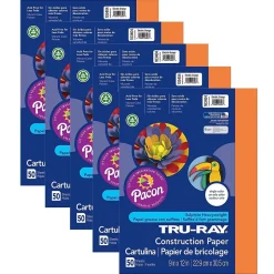 Tru-Ray® Construction Paper, Electric Orange, 9" x 12", 50 Sheets Per Pack, 5 Packs (PAC103404-5)