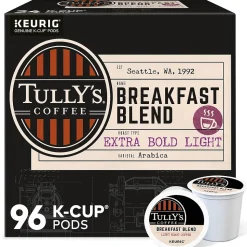 Tully's Breakfast Blend Extra Bold Coffee, Keurig K-Cup Pod, Light Roast, 96/Carton (192719CT)