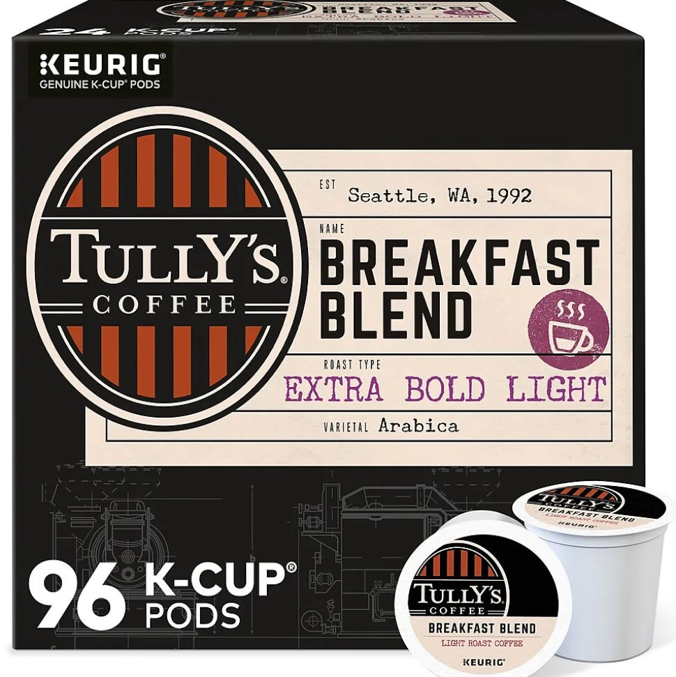 Tully's Breakfast Blend Extra Bold Coffee, Keurig K-Cup Pod, Light Roast, 96/Carton (192719CT)