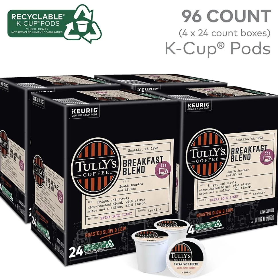 Tully's Breakfast Blend Extra Bold Coffee, Keurig K-Cup Pod, Light Roast, 96/Carton (192719CT)